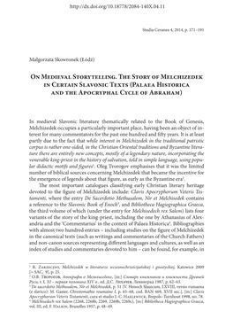 On Medieval Storytelling. the Story of Melchizedek in Certain Slavonic Texts (Palaea Historica and the Apocryphal Cycle of Abraham)