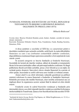 Fundaţii, Fonduri, Societăţi De Lectură, Donaţii Şi Testamente În Biserica Ortodoxă Română Oglindite În Presă (1865-1873)