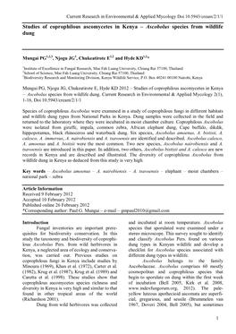 Studies of Coprophilous Ascomycetes in Kenya – Ascobolus Species from Wildlife Dung