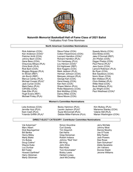 Naismith Memorial Basketball Hall of Fame Class of 2021 Ballot * Indicates First-Time Nominee