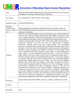 Title Precious and Base Metal Mineralization in Kwinthonze-Nweyon Area, Singu and Thabeikkyin Townships, Mandalay Region, Myanmar