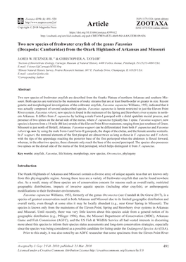 Two New Species of Freshwater Crayfish of the Genus Faxonius (Decapoda: Cambaridae) from the Ozark Highlands of Arkansas and Missouri