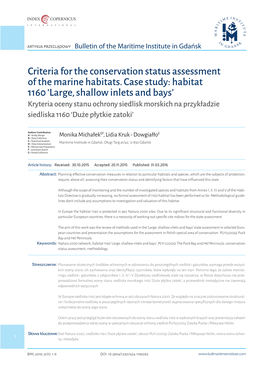 Criteria for the Conservation Status Assessment of the Marine Habitats