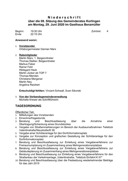 Niederschrift 08. Sitzung Korlingen 29.06.2020