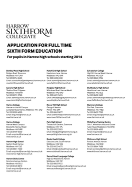 APPLICATION for FULL TIME SIXTH FORM EDUCATION for Pupils in Harrow High Schools Starting 2014