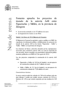 Fomento Aprueba Los Proyectos De Trazado De La Autovía A-68 Entre Figueruelas Y Mallén, En La Provincia De Zaragoza