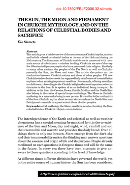 THE SUN, the MOON and FIRMAMENT in CHUKCHI MYTHOLOGY and on the RELATIONS of CELESTIAL BODIES and SACRIFICE Ülo Siimets