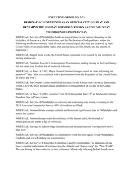 Executive Order No. 2-21 Designating Juneteenth As an Official City Holiday