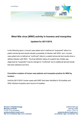 West Nile Virus (WNV) Activity in Humans and Mosquitos