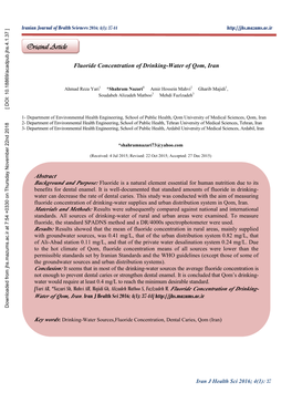 Fluoride Concentration of Drinking-Water of Qom, Iran