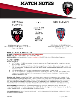 Ottawa Fury FC and Indy Eleven Return to Action for the Second Time in Week 23 As They Meet for the Second Time This Season