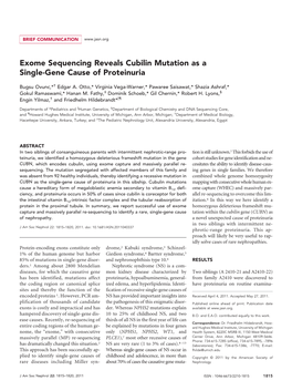 Exome Sequencing Reveals Cubilin Mutation As a Single-Gene Cause of Proteinuria