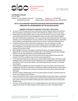 The St. Louis Symphony Orchestra and Music Director Stéphane Denève Announce Fall Programming for the 2021/2022 Season
