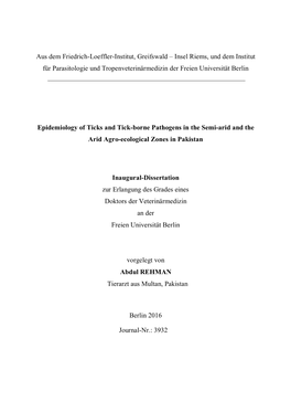 Aus Dem Friedrich-Loeffler-Institut, Greifswald – Insel Riems, Und Dem Institut Für Parasitologie Und Tropenveterinärmedizin Der Freien Universität Berlin