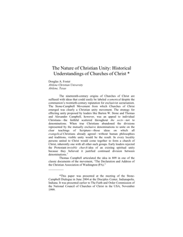 The Nature of Christian Unity: Historical Understandings of Churches of Christ *