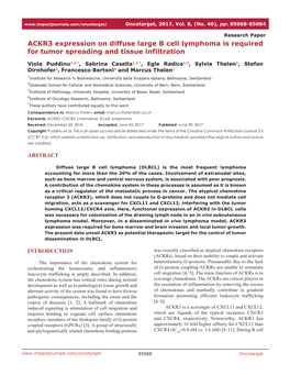 ACKR3 Expression on Diffuse Large B Cell Lymphoma Is Required for Tumor Spreading and Tissue Infiltration