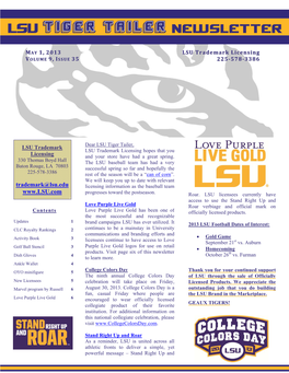 TIGER TAILER NEWSLETTER CLC Royalty Rankings the Collegiate Licensing Company (CLC) Announced Its Top-Selling CLC Member Institutions for the Fiscal Year-To-Date