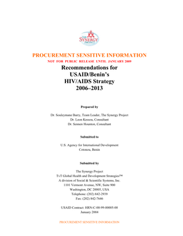 Recommendations for USAID/Benin's HIV/AIDS Strategy 2006–2013