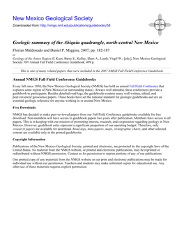 Geologic Summary of the Abiquiu Quadrangle, North-Central New Mexico Florian Maldonado and Daniel P