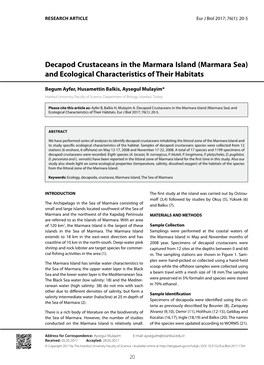 (Marmara Sea) and Ecological Characteristics of Their Habitats