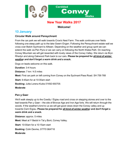 New Year Walks 2017 Welcome! 13 January Circular Walk Around Pensychnant from the Car Park We Will Walk Towards Crow's Nest Farm