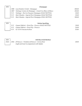 BIN Champagne 2008 Louis Roederer Cristal - Champagne 500.00 2007 Taittinger Comtes De Champagne - Grand Crus Blanc De Blancs 250.00 N.V