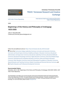 Beginnings of the History and Philosophy of Andragogy 1833-2000