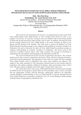 PENGARUH PESAN DAKWAH USTAZ ABDUL SOMAD TERHADAP PEMAHAMAN KEAGAMAAN JAMAAH PENGAJIAN DI KOTA PEKANBARU Oleh : Dira Putri Deza Pembimbing : Dr