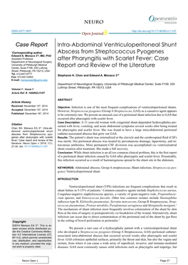 Intra-Abdominal Ventriculoperitoneal Shunt Abscess from Streptococcus Pyogenes After Pharyngitis with Scarlet Fever