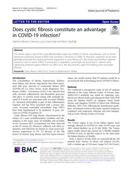 Does Cystic Fibrosis Constitute an Advantage in COVID-19 Infection? Valentino Bezzerri, Francesca Lucca, Sonia Volpi and Marco Cipolli*