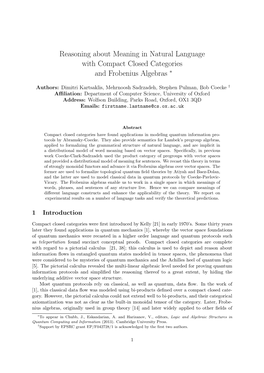 Reasoning About Meaning in Natural Language with Compact Closed Categories and Frobenius Algebras ∗