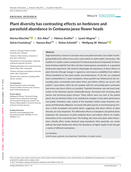 Plant Diversity Has Contrasting Effects on Herbivore and Parasitoid