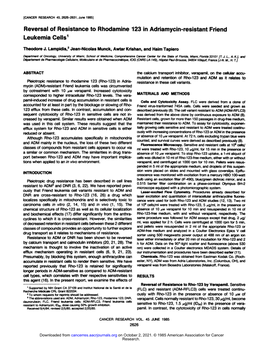 Reversal of Resistance to Rhodamine 123 in Adriamycin-Resistant Friend Leukemia Cells1