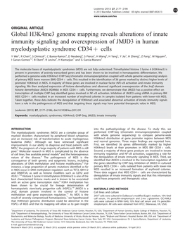 Global H3k4me3 Genome Mapping Reveals Alterations of Innate Immunity Signaling and Overexpression of JMJD3 in Human Myelodysplastic Syndrome CD34 Þ Cells