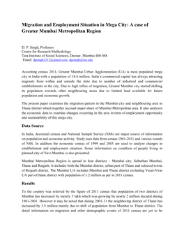 Migration and Employment Situation in Mega City: a Case of Greater Mumbai Metropolitan Region