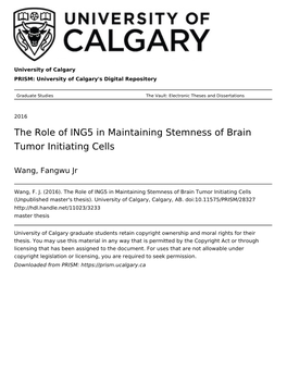 The Role of ING5 in Maintaining Stemness of Brain Tumor Initiating Cells