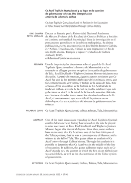 Ce Acatl Topiltzin Quetzalcoatl and His Position in the Succession of Toltec Rulers: an Interpretation Through Colhua History