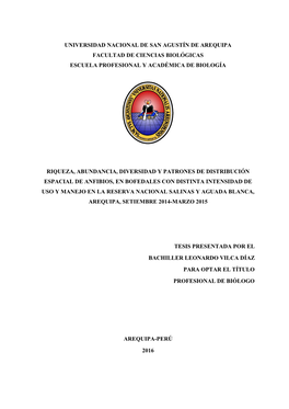 Universidad Nacional De San Agustín De Arequipa Facultad De Ciencias Biológicas Escuela Profesional Y Académica De Biología