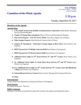 City of Moline 619 16 Street, Moline – 2Nd Floor Council Chambers Committee-Of-The-Whole Agenda 5:30 P.M