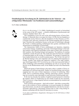 Ornithologische Forschung Im 20. Jahrhundert in Der Schweiz – Ein Erfolgreiches Miteinander Von Fachleuten Und Laienornithologen