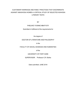 Customary Marriage and Family Practices That Discriminate Against Amaxhosa Women: a Critical Study of Selected Isixhosa Literary Texts