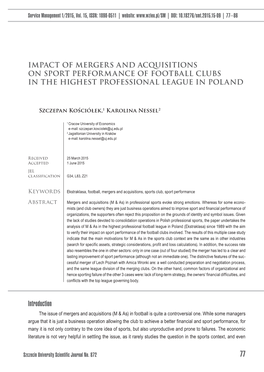 Impact of Mergers and Acquisitions on Sport Performance of Football Clubs in the Highest Professional League in Poland