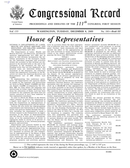 Congressional Record United States Th of America PROCEEDINGS and DEBATES of the 111 CONGRESS, FIRST SESSION