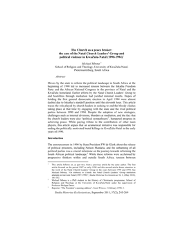 The Church As a Peace Broker: the Case of the Natal Church Leaders' Group and Political Violence in Kwazulu-Natal (1990-1994)1