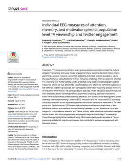 Individual EEG Measures of Attention, Memory, and Motivation Predict Population Level TV Viewership and Twitter Engagement