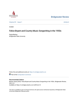 Felice Bryant and Country Music Songwriting in the 1950S