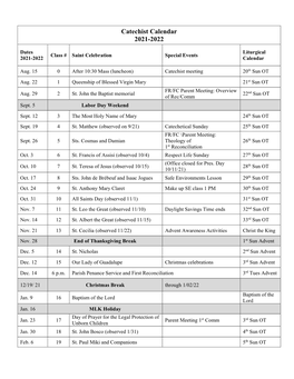 Catechist Calendar 2021-2022