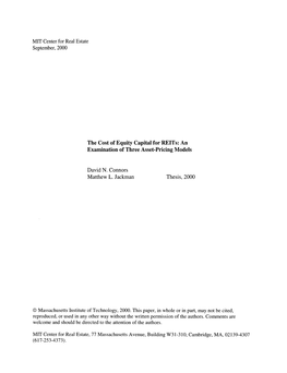 The Cost of Equity Capital for Reits: an Examination of Three Asset-Pricing Models