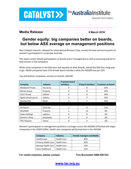 Gender Equity: Big Companies Better on Boards, but Below ASX Average on Management Positions