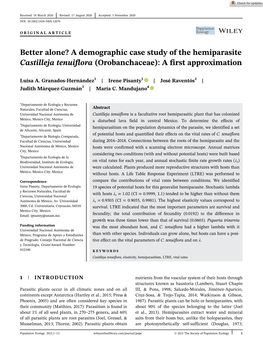 Better Alone? a Demographic Case Study of the Hemiparasite Castilleja Tenuiflora (Orobanchaceae): a First Approximation